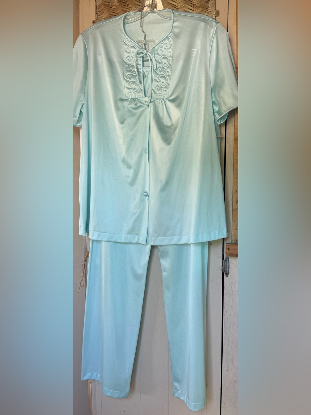 Vintage dead stock Women's Light Blue Satin Two-Piece Pajama Set NWT